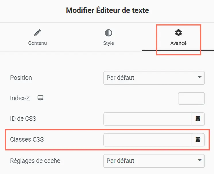 Onglet Avancé d’Elementor montrant l’ajout d’une classe CSS.