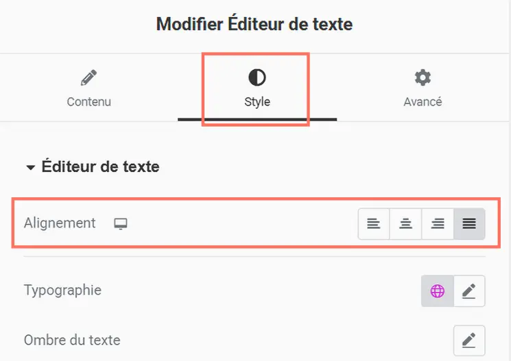 L’option « Justifier » un texte avec Elementor dans WordPress.