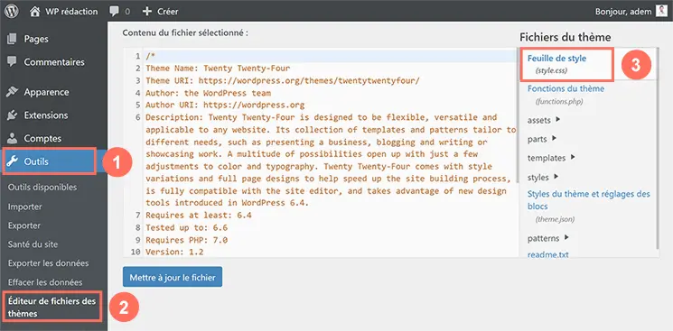 Éditeur de fichiers des thèmes WordPress ouvert sur style.css pour ajouter du code CSS.