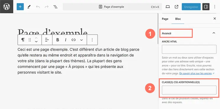 Éditeur Gutenberg avec la section Avancé pour ajouter une classe CSS au bloc.