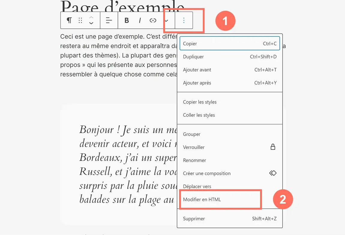 Menu Gutenberg pour modifier le code HTML et insérer du CSS en ligne.