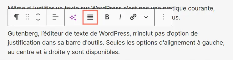 Bouton « Justifier » un texte avec Gutenberg dans WordPress.