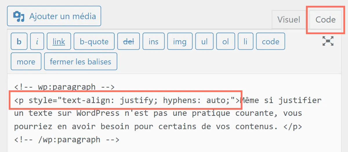 Onglet Code de l’éditeur classique TinyMCE avec du CSS inline pour la justification du texte.