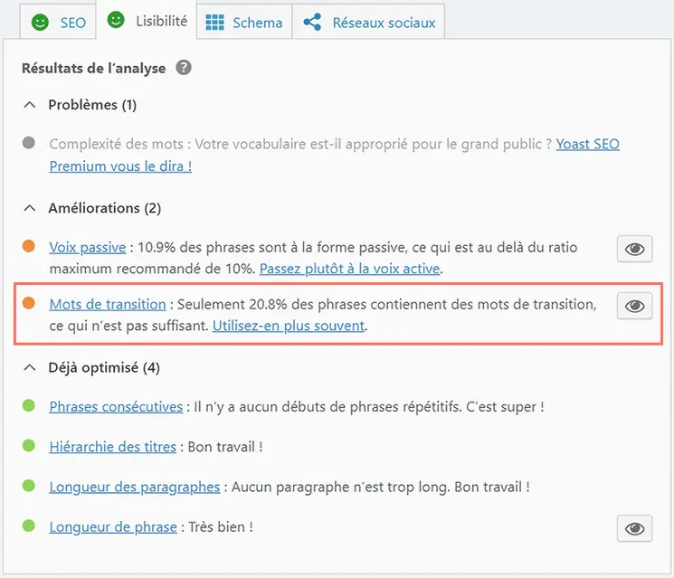 Les facteurs de lisibilité de Yoast SEO incluant l’usage des mots de transition.