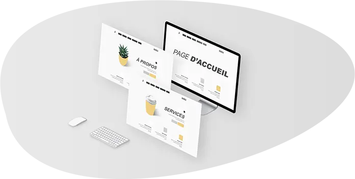 Pages d’un site web : maquettes de quelques pages Web essentielles flottant au-dessus d’un bureau