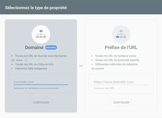 Sélectionnez le type de propriété de la Google Search Console.