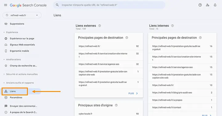 Référencement Google gratuit : les liens dans la Google Search Console.