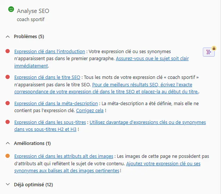 Onglet "analyse SEO" Yoast affichant les problèmes et améliorations pour la requête cible SEO.
