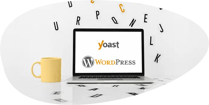 Requête cible Yoast SEO WordPress, illustration avec ordinateur portable et logos
