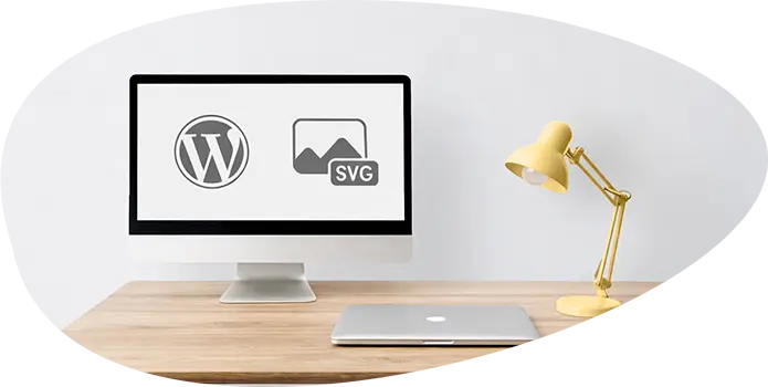SVG WordPress : écran affichant le logo WordPress et ordinateur portable montrant une icône SVG