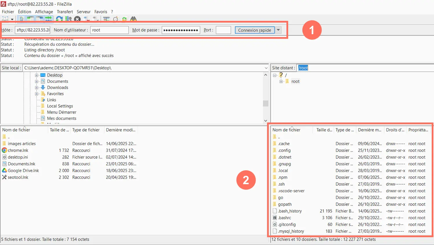Connexion à un serveur avec FileZilla pour accéder aux fichiers WordPress et activer les logs