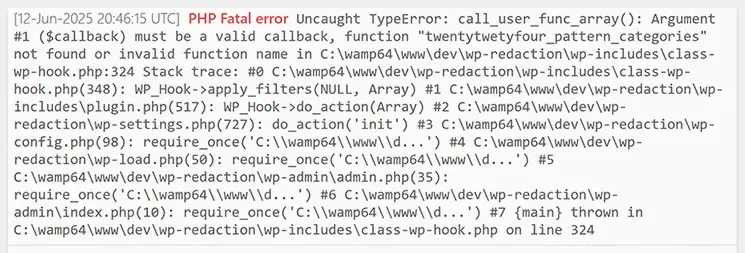 Log WordPress affichant une erreur PHP via le plugin WP Debugging