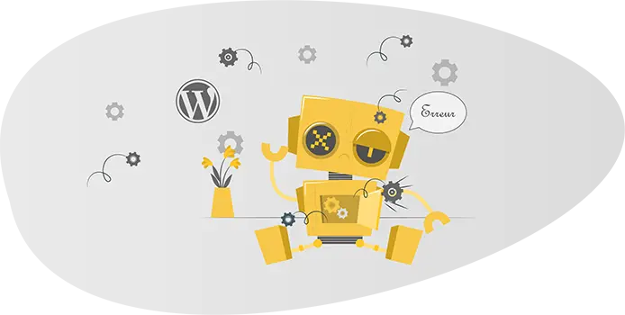Robot en panne affichant une erreur, représentant un log WordPress
