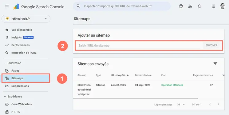 Google Search Console : ajouter un sitemap pour faciliter l’indexation.