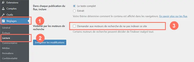 Réglages WordPress – option "Demander aux moteurs de recherche de ne pas indexer ce site".