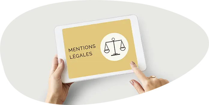Tablette affichant « Mentions légales » avec une icône de balance de justice.