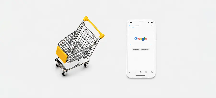 Caddie miniature et smartphone affichant Google, illustrant le SEO e-commerce