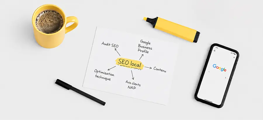 Carte mentale des services SEO locaux : audit, Google Business Profile, contenu, NAP et technique