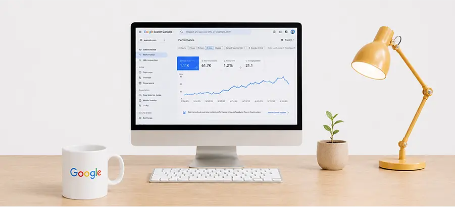 Google Search Console avec une courbe de trafic en hausse, un site e-commerce visible sur Google