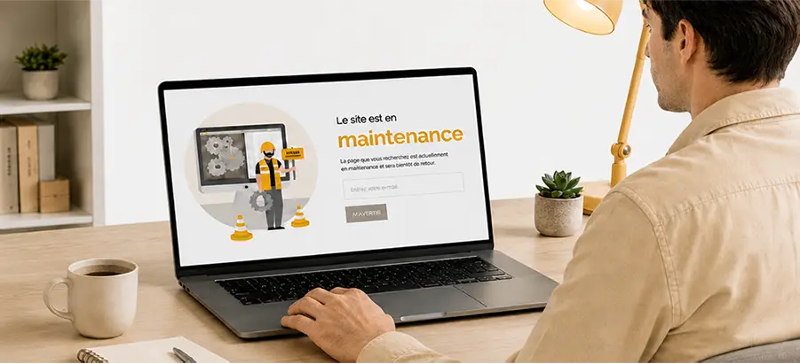 Ordinateur portable affichant une page de site web en maintenance