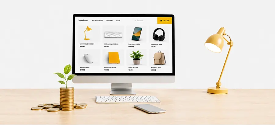 Boutique en ligne sur un écran et pile de pièces surmontée d'une pousse, site e-commerce rentable