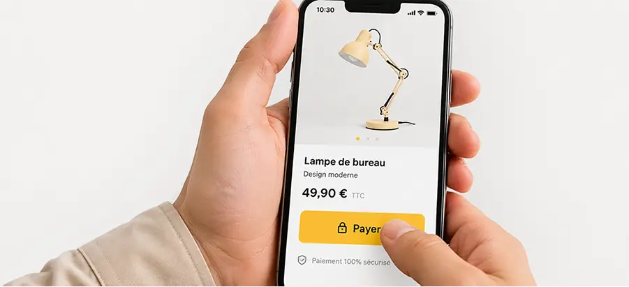 Fiche produit et paiement sécurisé sur mobile, illustrant la refonte d'un site e-commerce