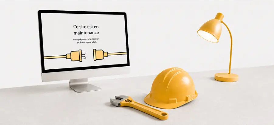 Écran affichant un site vitrine en maintenance, avec casque de chantier et clé à molette